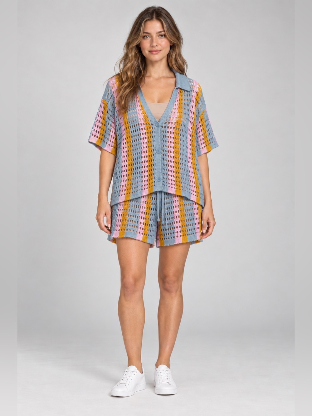 Abound Multicolor Crochet Knit Collared Top Shorts Set Size M